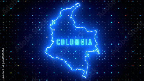 Futuristic Blue Shine Colombia Outline Map And Label Text Glowing Neon Light With Stars Sparkle Grid Background
