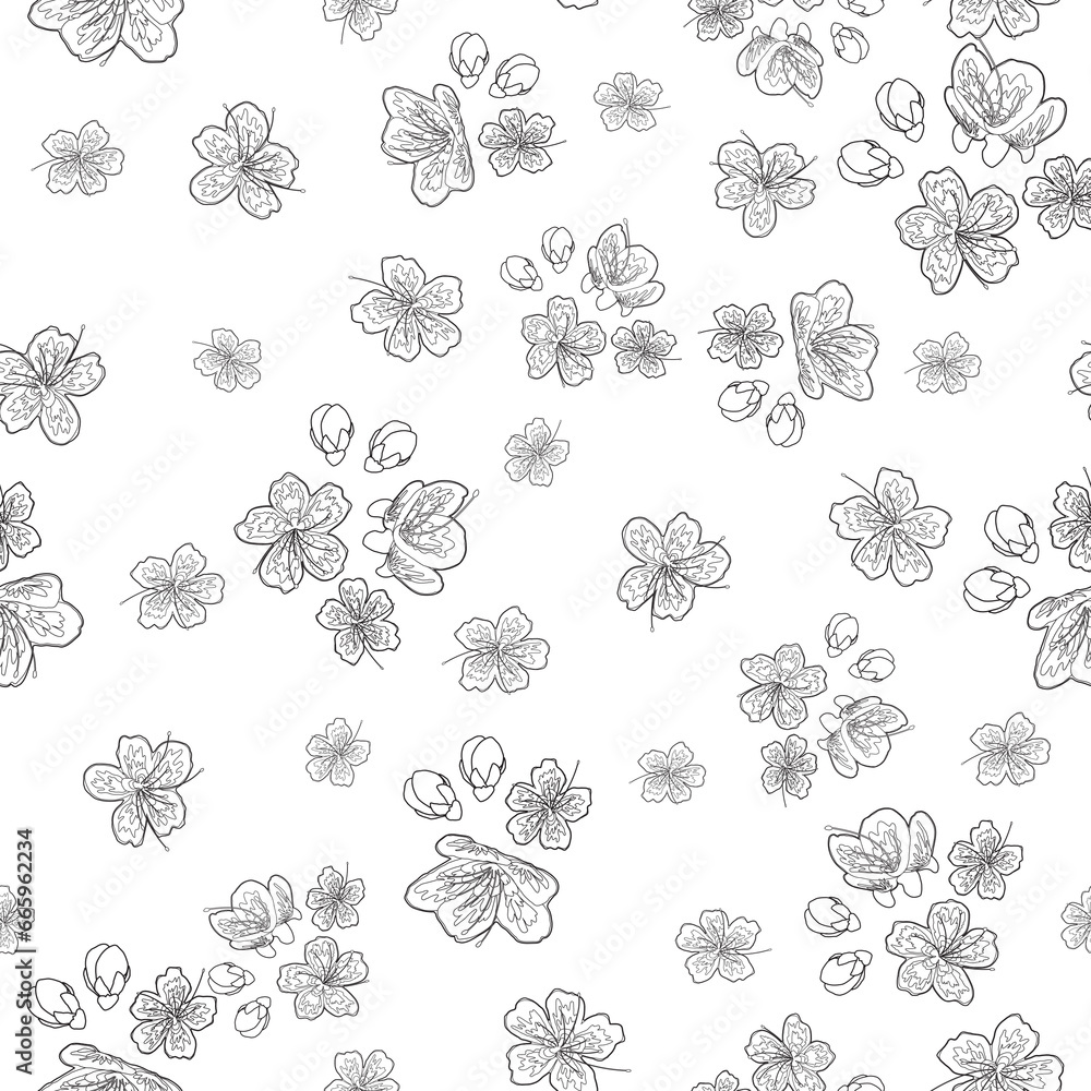 Beautiful Sakura Flower Line Art Seamless Surface Pattern Design for Coloring Book - Pages