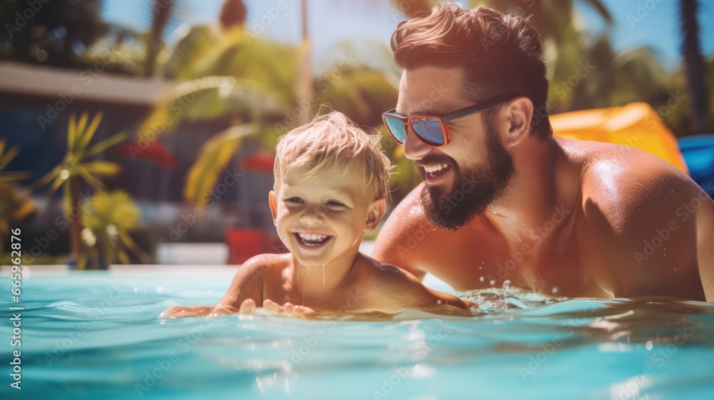 Father and son swimming in pool resort 