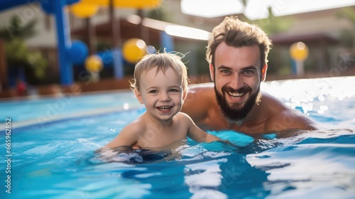 Father and son swimming in pool resort 