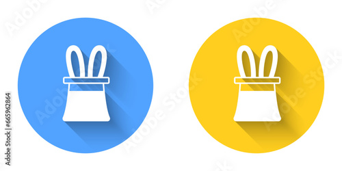 White Magician hat and rabbit ears icon isolated with long shadow background. Magic trick. Mystery entertainment concept. Circle button. Vector