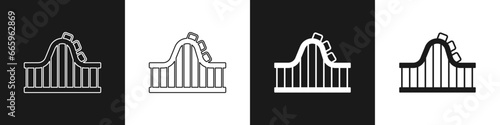 Set Roller coaster icon isolated on black and white background. Amusement park. Childrens entertainment playground, recreation park. Vector