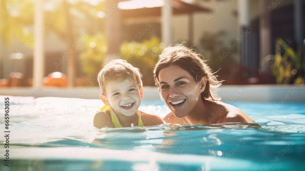 Baby and mommy playing at pool resort 