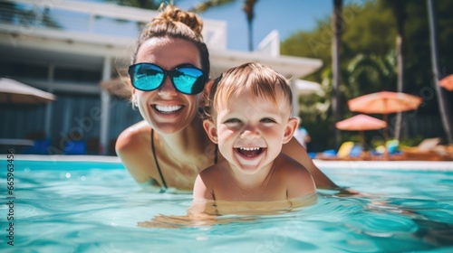Mother and baby boy having fun in the pool resort 