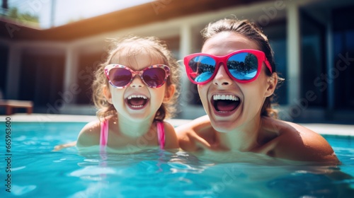 Mother and daughter having fun in the pool resort 