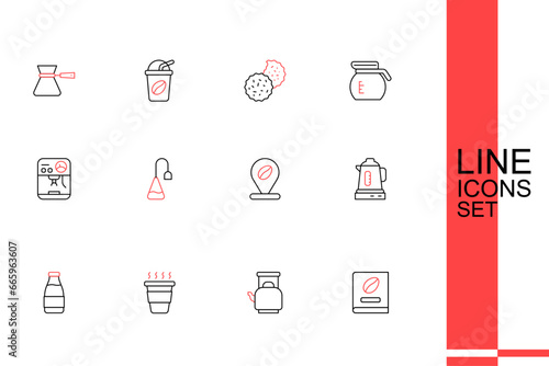 Set line Coffee book, Kettle with handle, cup to go, Milk bottle, Electric kettle, Location coffee bean, Tea bag and machine icon. Vector