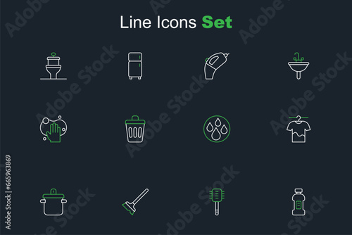 Set line Bottle for detergent, Toilet brush, Mop, Cooking pot, Drying clothes, Water drop, Trash can and Sponge icon. Vector