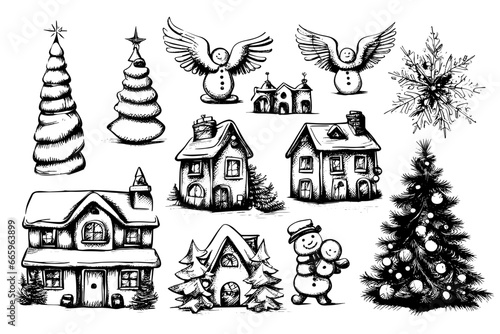 Sketch set houses christmas holidays winter trees hand drawn. for your design for new year