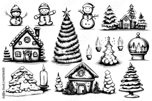 set hand drawn sketches. Cute cottage Christmas tree and paraphernalia Merry Christmas and Happy New Year. Designs for celebrating winter holidays.