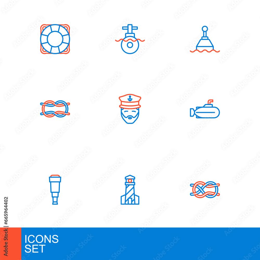 Set line Nautical rope knots, Lighthouse, Spyglass telescope lens, Submarine, Captain of ship, Floating buoy and icon. Vector