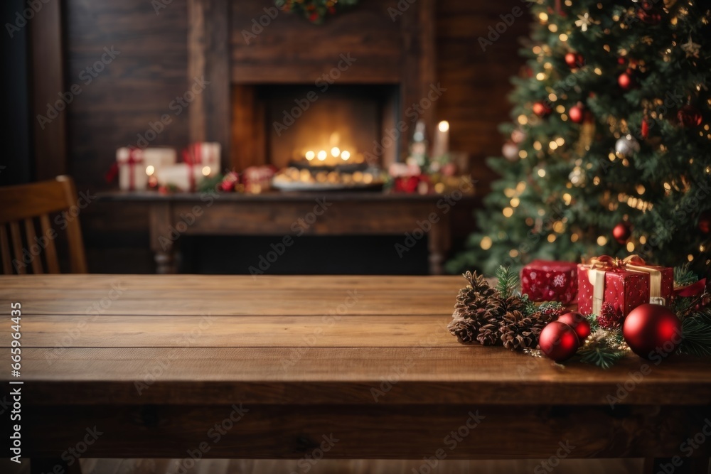 Empty wooden table with christmas theme in background Empty wooden table with christmas theme in background