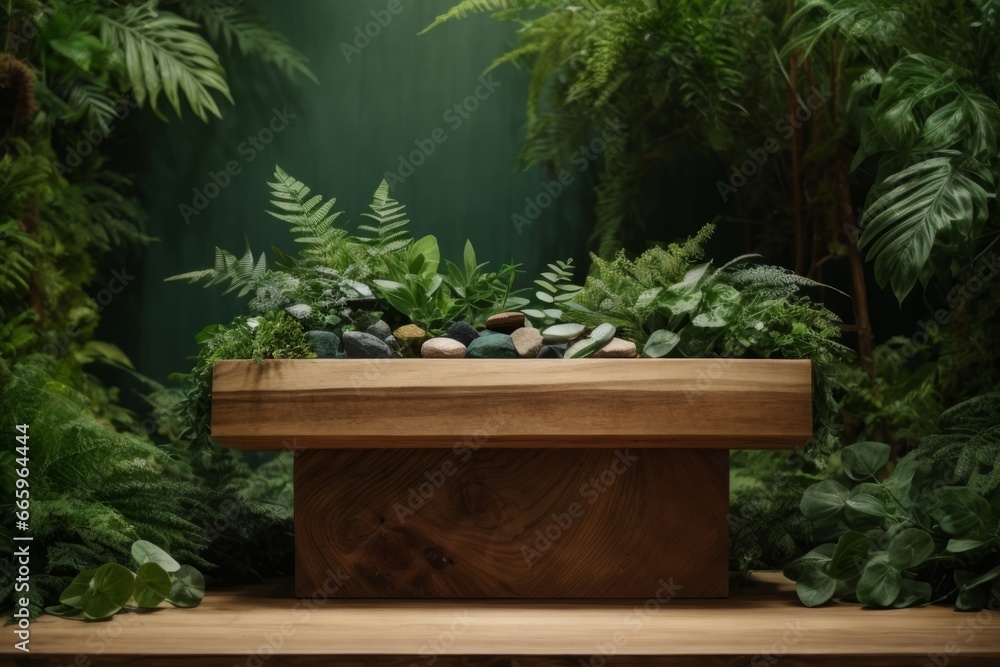 Front facing wooden podium adorned with green foliage and stones serving as an abstract stand for exhibiting and showcasing organic cosmetics 
