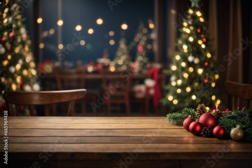 Empty wooden table with christmas theme in background 