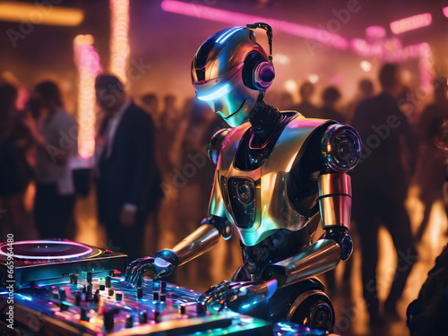Futuristic robot DJ pointing and playing music on turntables. Robot disc jockey at the dj mixer and turntable plays nightclub during party photo