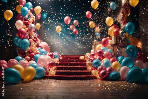 Party Background with lights, confetti, balloons and serpentine 