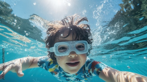 little boy wearing glass swimming underwater  photo