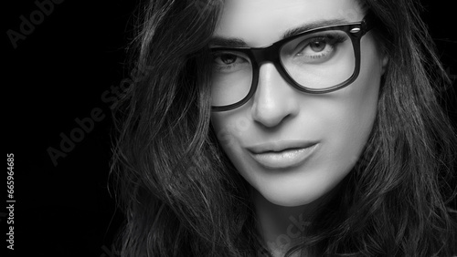 Close up Pretty Woman Face with Glasses. Cool Trendy Eyewear