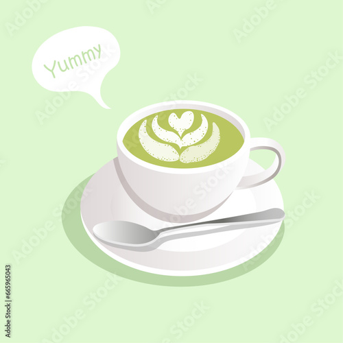  Matcha tea with milk ,  green drinks,cup of matcha with spoon , breakfast