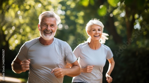 Mature middle aged senior couple running together in the park stadium looking at each other while jogging slimming exercises. Training workout 