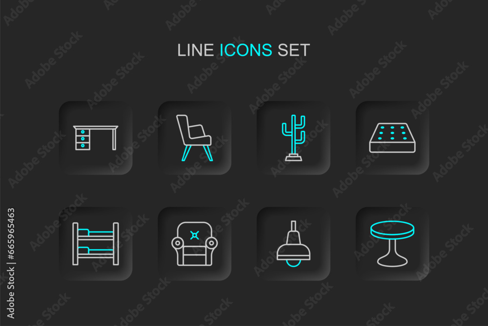 Set line Round table, Lamp hanging, Armchair, Bunk bed, Mattress, Coat stand, and Office desk icon. Vector Set line Round table, Lamp hanging, Armchair, Bunk bed, Mattress, Coat stand, and Office desk icon. Vector