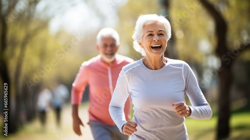 senior couple jogging in park