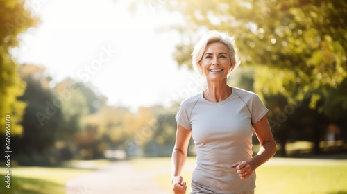 Jogging workout. Middle aged caucasian woman during jogging workout on the morning outdoor. Be alone with yourself during a morning run and recharge your batteries for the whole day.