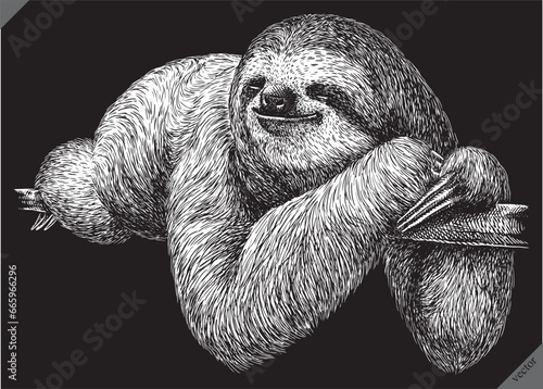 black and white engrave isolated sloth vector illustration