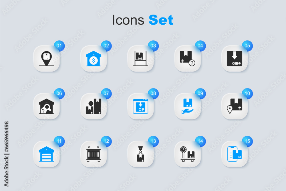 Set Scale with cardboard box, Carton, Warehouse price, Document tracking marker, Location, and Online app delivery icon. Vector Set Scale with cardboard box, Carton, Warehouse price, Document tracking marker, Location, and Online app delivery icon. Vector