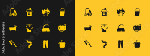 Set Bucket, Industry metallic pipe, Brush for cleaning, Drying clothes, Sponge, Vacuum cleaner and House icon. Vector