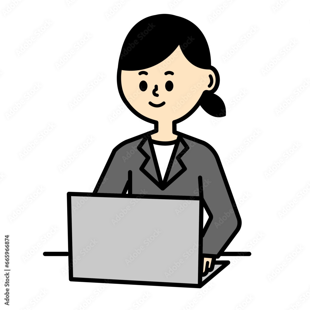 ビジネス　ノートパソコン　パソコン　デスクワーク　女性　可愛い　カットイラスト