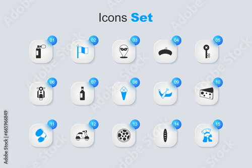 Set French baguette bread, Bottle of wine, Flag Italy, Olives, Roman army helmet, Cheese, Perfume and Ice cream waffle icon. Vector