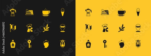 Set Ice cream in waffle, Old key, Olives branch, French man, Roman army helmet, Coffee cup, maker moca pot and Coliseum icon. Vector