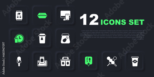 Set Meatballs on wooden stick, Coffee cup to go, Cup tea, Cafe and restaurant location, Round the clock delivery, Food ordering mobile, Lunch box and icon. Vector