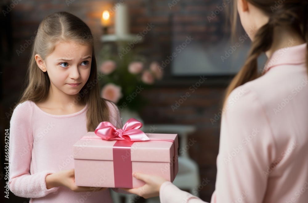 Reluctant 12 year old girl hesitates while giving a birthday present Reluctant 12 year old girl hesitates while giving a birthday present