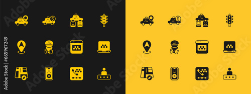 Set Traffic light, Taxi mobile app, call telephone service, rating, Location taxi car and Taximeter device icon. Vector