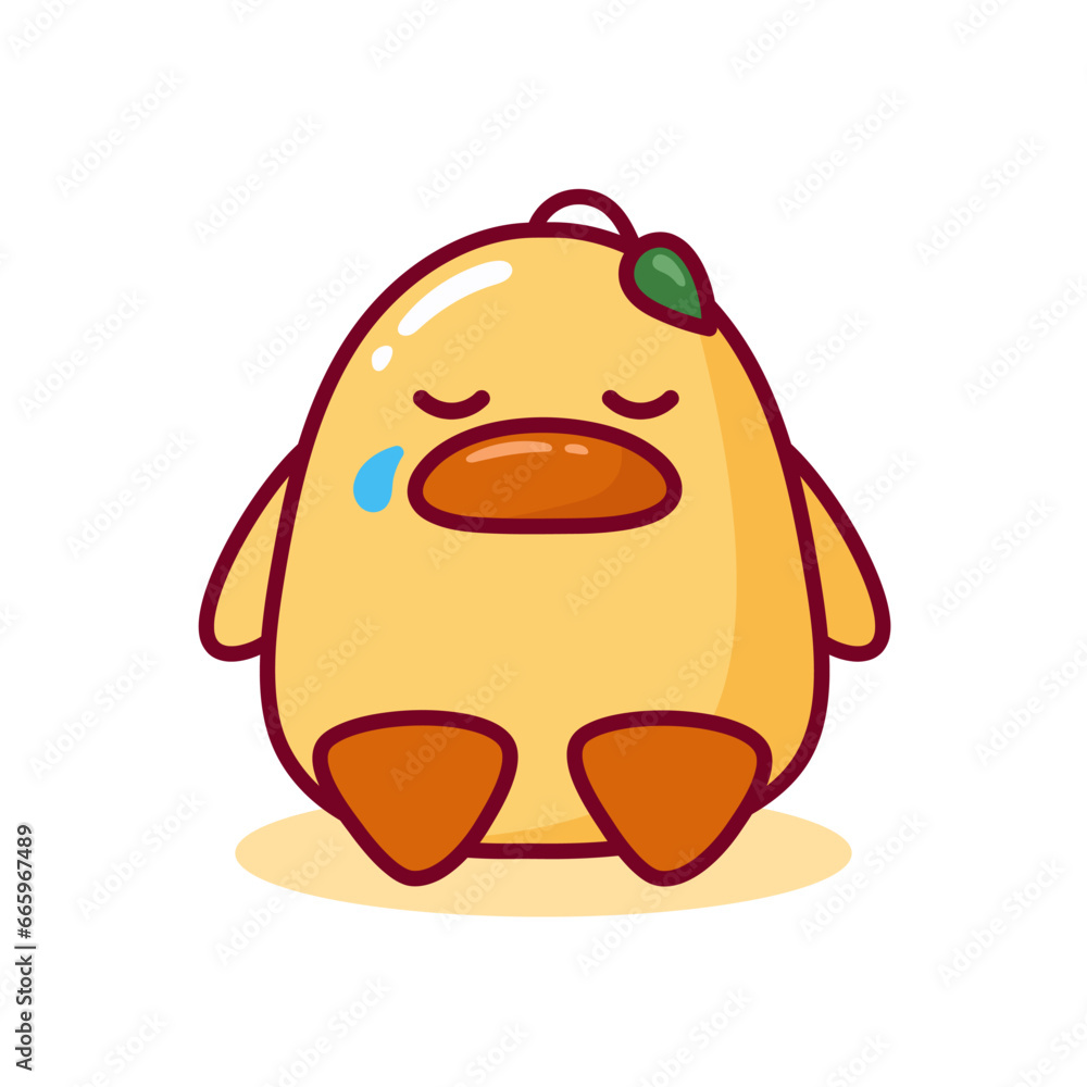 Little Duck Sticker Art. Sad Duckling Crying. Cute Goose With Sprout On 