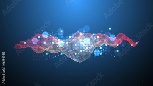 The abstract wave is made in a frame style in a bright gradient color. Template for science and technology presentation.