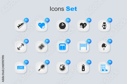 Set Fitness shaker, Football field, Heart rate, Ribbon in finishing line, Sports doping with dumbbell, Racket, sneakers shoes and mechanical scoreboard icon. Vector