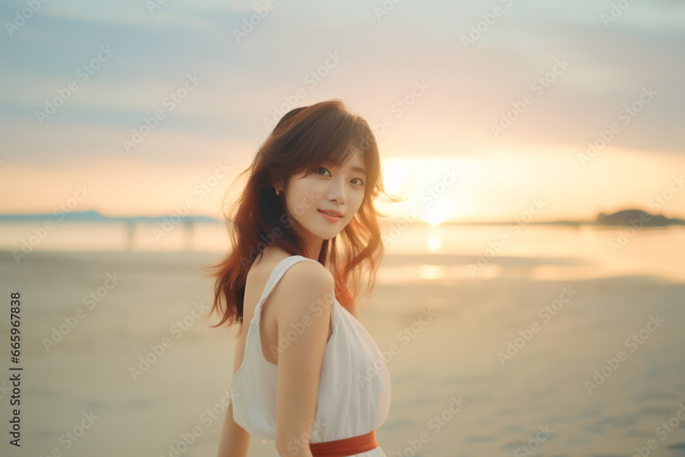 Beautiful girl on the beach wearing a dress and looking at the camera, asian female asian photo in stock video footage 