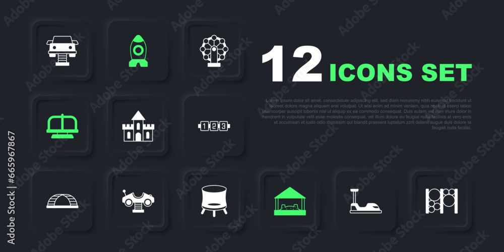Set Bumper car, Playground climbing equipment, Sand castle, Sandbox with sand, Attraction carousel, Swing, Rocket ship toy and Jumping trampoline icon. Vector Set Bumper car, Playground climbing equipment, Sand castle, Sandbox with sand, Attraction carousel, Swing, Rocket ship toy and Jumping trampoline icon. Vector