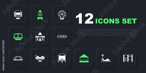 Set Bumper car, Playground climbing equipment, Sand castle, Sandbox with sand, Attraction carousel, Swing, Rocket ship toy and Jumping trampoline icon. Vector