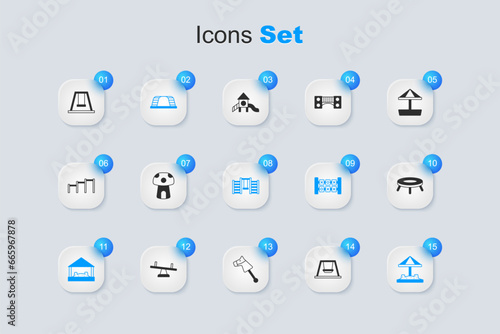 Set Swing for kids, Mushroom house, Monkey bar, Sandbox with sand, Jumping trampoline, and Swedish wall icon. Vector