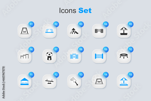 Set Swing for kids, Mushroom house, Monkey bar, Sandbox with sand, Jumping trampoline, and Swedish wall icon. Vector