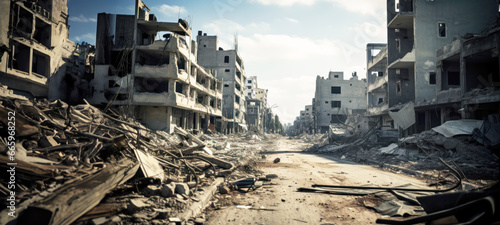 Fotografia Peace crisis concept, front of collapsed buildings, area war victim, sorrowful s