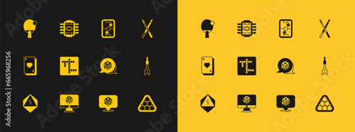 Set Crossed billiard cues, Game dice, Crossword, Air hockey table, Racket and Table football icon. Vector