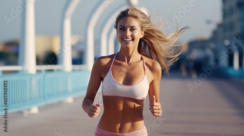 Active young beautiful woman running on the promenade along the road