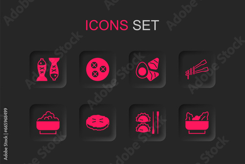 Set Homemade pie, Wonton, Served fish plate, Dumpling with chopsticks, Food noodles, Chicken egg vegerables and Rice bowl icon. Vector