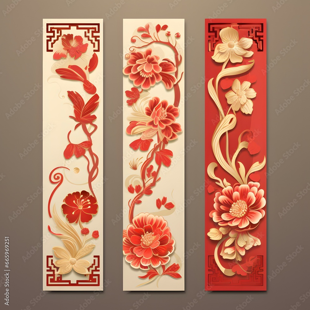 set of 3 oriental banners with flowers and borders set of 3 oriental banners with flowers and borders