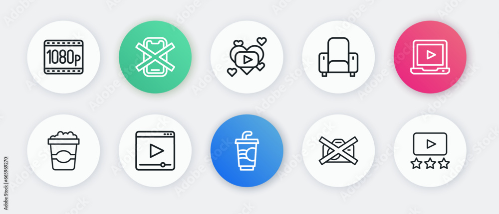 Set line Paper glass with water, Online play video, Popcorn cardboard box, Prohibition no recording, Cinema chair, Romantic movie, Rating and icon. Vector Set line Paper glass with water, Online play video, Popcorn cardboard box, Prohibition no recording, Cinema chair, Romantic movie, Rating and icon. Vector
