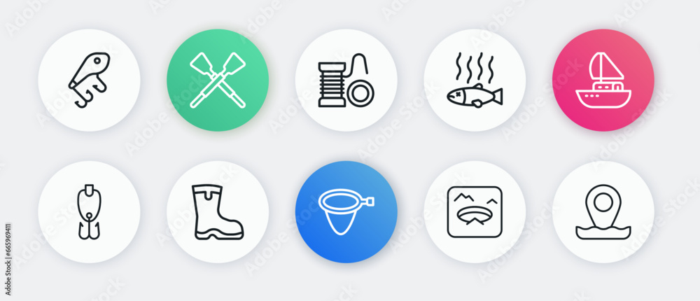 Set line Fishing net, Yacht sailboat, lure, Winter fishing, Dead, Spinning reel for, Location and boots icon. Vector Set line Fishing net, Yacht sailboat, lure, Winter fishing, Dead, Spinning reel for, Location and boots icon. Vector